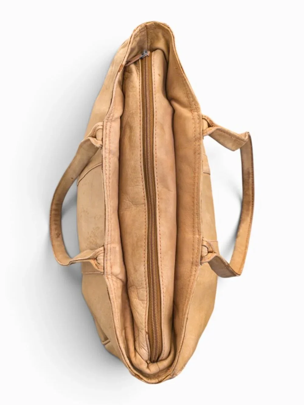 Vintage L.L.Bean Leather Zip Tote, Distressed Beige, Well-Loved Workhorse